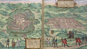 メキシコとクスコの地図、Georg Braun（1541-1622）とFrans Hogenberg（1535-90）による &39;Civitates Orbis Terrarum&39;から、c.1572 作： Joris Hoefnagel