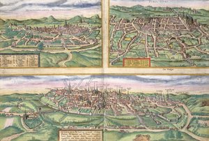 Georg Braun（1541-1622）とFrans Hogenberg（1535-90）による &39;Civitates Orbis Terrarum&39;からのモンペリエ、ツアー、ポワティエの地図、c.1572