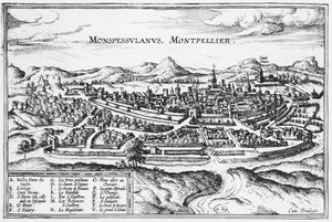 モンペリエの地図、Georg Braun（1541-1622）とFrans Hogenberg（1535-90）、1574年のブリュッセル（121038も参照）による「Civitates Orbis Terrarum」から