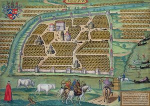 モスクワの地図、Georg Braun（1541-1622）とFrans Hogenberg（1535-90）による &39;Civitates Orbis Terrarum&39;から、c.1572（カラー彫刻）