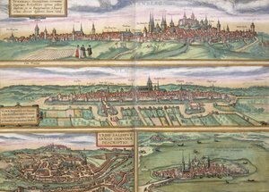 ニュルンベルク、ウルム、サルツブルクの地図、Georg Braun（1541-1622）とFrans Hogenberg（1535-90）による &39;Civitates Orbis Terrarum&39;から、c.1572（カラー彫刻）