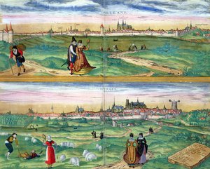 オルレアンとブールジュの地図、Georg Braun（1541-1622）とFrans Hogenberg（1535-90）による「Civitates Orbis Terrarum」、1572年頃