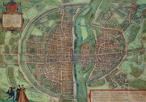 パリの地図、Georg Braun（1541-1622）とFrans Hogenberg（1535-90）による &39;Civitates Orbis Terrarum&39;から、c.1572（カラー彫刻）