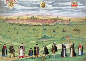 ブラウン（1541-1622）とフランツ・ホーゲンバーグ（1535-90）による「世界」からのロストックの地図c.1572-1617