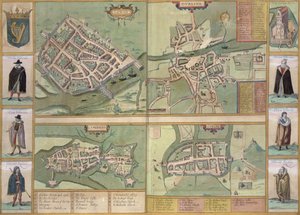 Georg Braun（1541-1622）とFrans Hogenberg（1535-90）による「Civitates Orbis Terrarum」のゴールウェイ、ダブリン、リムリック、コークの地図、1573年頃