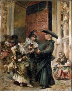 「ミサを去る」: 教会の出口で治療薬の腹を調べている 2 人の女性。 Jose Denis Belgrano (1844-1917) による 19 世紀後半の絵画。 キャンバスに油彩。 作： Jose Denis Belgrano