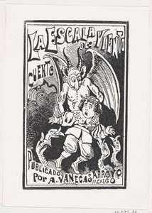 ハゲタカの群れの上で少年の肩を持つ鬼、イラスト... 1880～1910年頃 作： José Guadalupe Posada