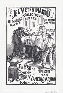 馬を囲んでいる一群の人々、「El Veterinario The Vete...」のイラスト、1880年から1910年頃。 作： José Guadalupe Posada