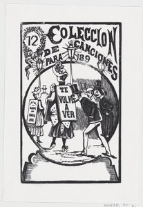 腰をかがめてサインを背負った女性を見つめる男性、「...」のイラスト、ca. 1890年。 作： José Guadalupe Posada