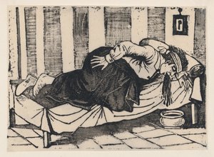 ベッドの横に寄りかかって嘔吐する男性、「アウレリオの死」と題されたブロードサイドから、1892年。 作： José Guadalupe Posada