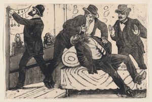 同僚が店を略奪している間、別の男性の胸を刺している男性。 1890-1891。