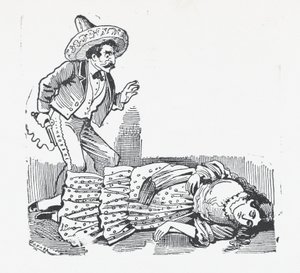 撃ったばかりの女性の上に立つ銃を持った男、1880年頃～1910年頃。 作： José Guadalupe Posada
