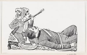 ライフルを持ち、倒れた革命家を守ろうと跪く革命家、c...1880年から1910年頃。 作： José Guadalupe Posada