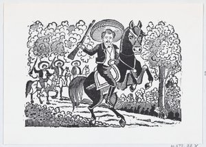 ライフルを持った馬に乗った革命軍兵士、ヘラリオ・ベルナル。 1880-1910.、約。 1880～1910年。 作： José Guadalupe Posada