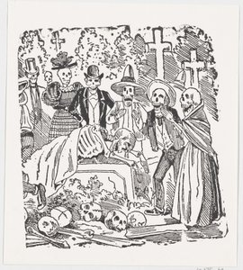 墓地で泣いているシーツで覆われた骸骨。 1880～1910年。 作： José Guadalupe Posada