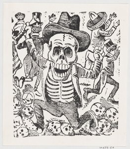 骨を持ち、人々が逃げ惑う中、頭蓋骨の山を飛び越えていく骸骨（1907年頃の作品）。 作： José Guadalupe Posada