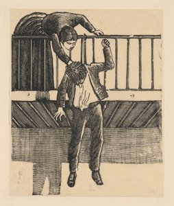 バルコニーで首を吊って自殺した男性を発見する女性...、1900年頃～1910年頃。 作： José Guadalupe Posada