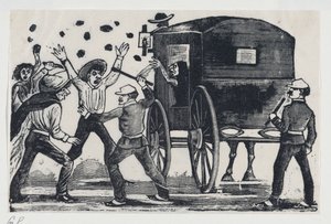 馬と馬車の近くで戦う男たち。 1900-1910.、約。 1900～1910年。 作： José Guadalupe Posada