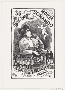 頭を後ろにして椅子に座って花を持っている女性の横顔, il..., ca. 1890年。 作： José Guadalupe Posada