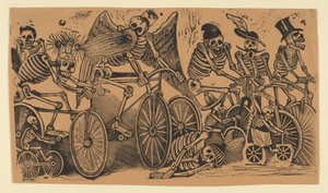 自転車に乗る骸骨カラベラ、1900年頃、1900年頃。 作： José Guadalupe Posada