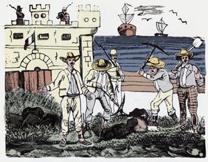 メキシコ革命（1910-1920）。力仕事をする囚人たち - Xylography by Jose Guadalupe Posada (1852-1913) 作： José Guadalupe Posada