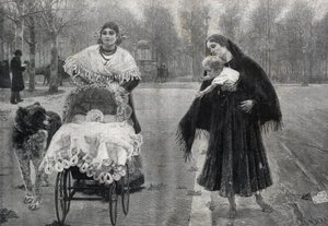 パリのチュイルリー公園にて - コントラスト - ホセ・ビジェガス・コルデロ(1844-1921)の絵画の後のエングレーヴィング 作： Jose (after) Villegas y Cordero