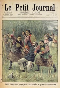 1899年12月3日、「ルプチジャーナル」のタイトルページから中国語でクアンチュウワンで暗殺された2人のフランス人将校（カラー彫刻） 作： Jose Belon