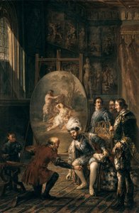 「皇帝カール 5 世 (1500-1558) は画家ティツィアーノ ヴェチェッリオの筆を手に取り、ティツィアーノ (1485-1576) は皇帝の宮廷の画家であると語った」" ホセ フェリペ パラ (1824-1864) による絵画 19 世紀のバレンシア、 Museo de Bellas Artes San Pio V
