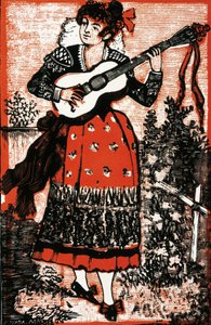 ギターを持ったメキシコ人女性を描いた歌集の表紙。 Jose Guadalupe POSADA (1852-1913) による彫刻。 彫刻