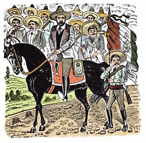 メキシコ革命（1910年～1920年）の様子。フランシスコ・インダレシオ・マデロ（1873-1913）メキシコ革命家の肖像。ホセ・グアダルーペ・ポサダ(1852-1913)のキシログラフィー。