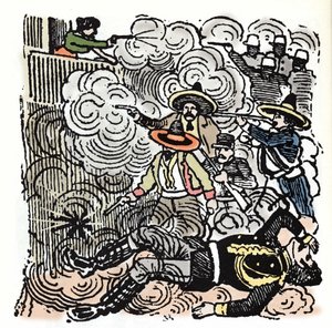 メキシコ革命（1910年～1920年）：アキレス・セルダン（1876年～1910年）の家への襲撃。ホセ・グアダルーペ・ポサダ(1852-1913)によるキシログラフィー。