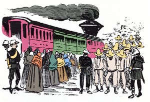 メキシコ革命（1910-1920）：バジェ・ナシオナルの労働者の国外追放（1908年頃） - Xylography by Jose Guadalupe Posada (1852-1913) 作： José Guadalupe Posada
