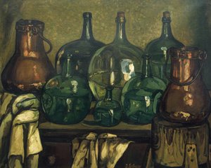 グティエレス・ソラナ、ホセ（1886-1945）。ボトルのある静物.1927.現代美術。キャンバスに油彩。個人蔵 作： Jose Gutierrez Solana