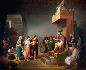 メソアメリカのアルコール飲料「プルケ」の発見、ホセ・マリア・オブレゴン（1832-1902）による油彩・キャンバス 作： José María Obregón
