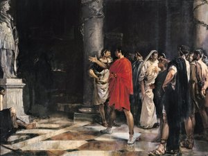 カディスのヘラクレス神殿（ガディール）にあるアレキサンダー大王の像の前に立つジュール・セザール（カイウス・ユリウス・シーザー）（紀元前101-44年）（キャンバスに油彩） 作： Jose Morillo Ferrada