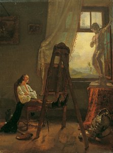 アトリエで居眠りしている画家 作： Josef Danhauser