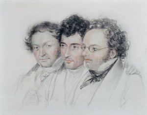 左から作曲家ヨハン・バプティスト・ジェンガー（1793-1856）、アンセルム・ヒュッテンブレンナー（1794-1868）、フランツ・シューベルト（1797-1828）の友人たち、パステル画：Josef Teltscher 作： Josef Eduard Teltscher