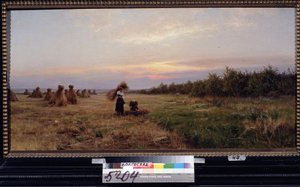 夕方の光の中で収穫します。 （夕方の光で収穫）。 干し草の山でいっぱいの畑で働く 2 人の女性。 Iosiph Evstafievich Krachkovsky（1854-1914）による絵画、キャンバスに油彩 作： Josef Evstafievich Krachkovsky