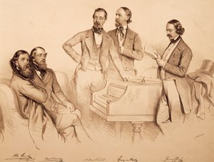 ウィーンの音楽家と作曲家の集合写真。フランツ・フォン・スッペ、カール・ビンダー、アントン・シュトルヒ、ハインリヒ・プロッハ、アントン・エミール・ティットル（Josef Kriehuberによるリトグラフ