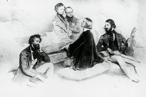 リスト宅でのマチネー、左からクリーフーバー、作曲家ヘクトール・ベルリオーズ（1803-1869）、リストの師匠カール・ツェルニー（1791-1857）、フランツ・リスト（1811-1866）、ヴァイオリニストのハインリッヒ・ヴィルヘルム・エルンスト（1840-1865）、リトグラフ：ヨーゼフ・クリーフーバー（1800-1876）。