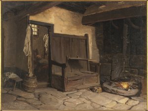 コテージインテリア（石材に取り付けられた紙に油彩） 作： Josef Wilhelm Wallander