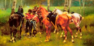 「森の中の軽騎兵と馬のグループ」Josep Cusachs i Cusachs (1851-1908) の絵画。 1905年。 作： Josep Cusachs y Cusachs