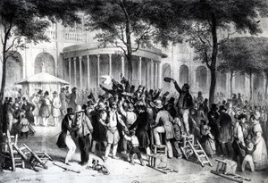 7月26日、パリ王宮の庭園で「モニトゥール」紙に掲載された判決文を読む 作： Joseph Louis Hippolyte Bellange