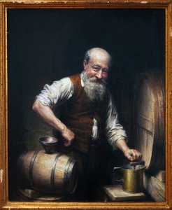 ワインセラーにいるワインメーカー。ジョセフ・ノエル・シルヴェストル（1847-1926）の絵画、油彩・キャンバス、19世紀後半～20世紀。フランス美術。ベジエ美術博物館、ホテル・ファイエット。 作： Joseph Noel Sylvestre