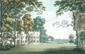 1793年に出版されたJ.C.スタドラー（fl.1780-1812）による「ストロベリー・ヒルの家、庭園、湖」（カラー・エングレーヴィング）。 作： Joseph (after) Farington