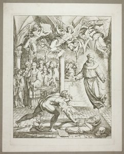 グイド・ダ・モンテフェルトロの魂をめぐる悪魔とアッシジの聖フランチェスコの闘争（『ダンテの寓話』より3枚目 作： Joseph Anton Koch
