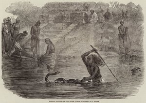 蛇に驚かされたジュムナ川のヒンドゥー海水浴客 作： Joseph Austin Benwell