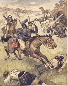 1850年から1902年のアングロ・ズールー戦争とアングロ・ボーア戦争中にイギリスのパトロールを攻撃するボーア・コマンドー、イラスト 作： Joseph Belon