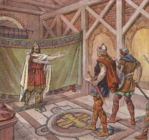 Chlothar I は、彼の兄弟 Theuderic によって彼を殺すように命じられた暗殺者の足を見る (色リソ)