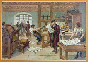 グーテンベルクによるムーバブル タイプ印刷の発明、A. Aymard 著「First Book of French History」のイラスト、アシェット発行